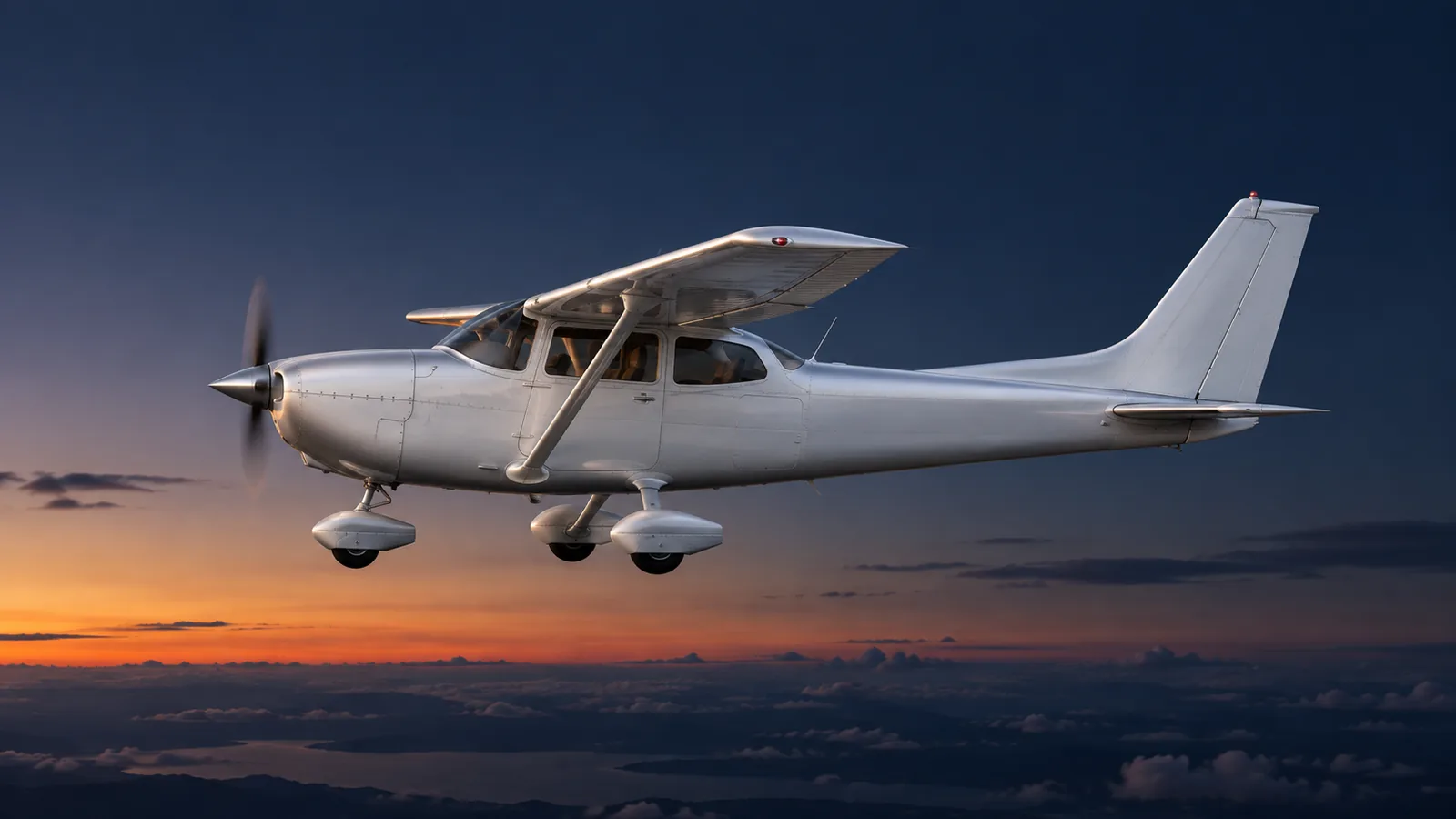 Silver training airplane flying nose-left. Lift points up, weight down, thrust left and drag right.