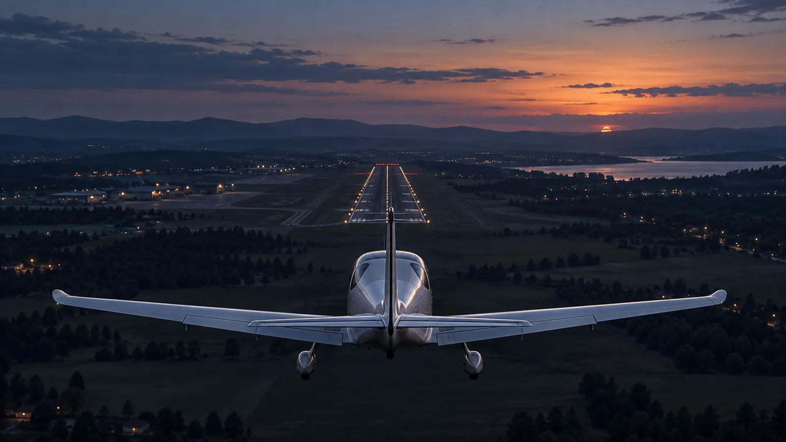 Training airplane aligned with a runway on final approach at dusk.